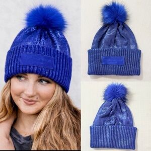 Kurt Geiger Shimmering Blue Pom-Pom Beanie METALLIC RIB BEANIE Rainbow Metallic Beanie by KURT GEIGER  main image 3